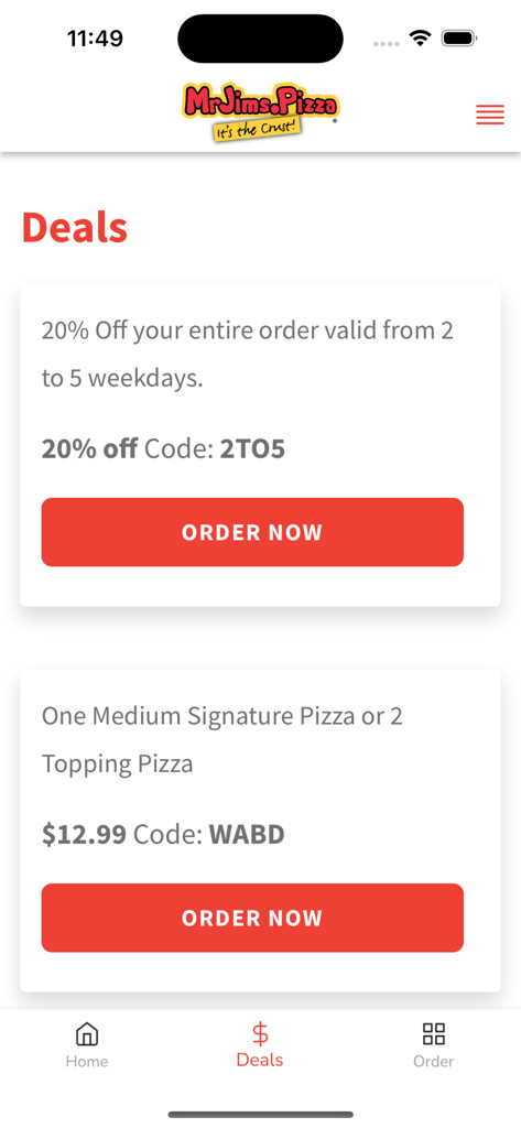 MrJims.Pizza - Écran des offres de l'application mobile MrJims Pizza présentant une réduction de 20 % et une offre de pizza signature.