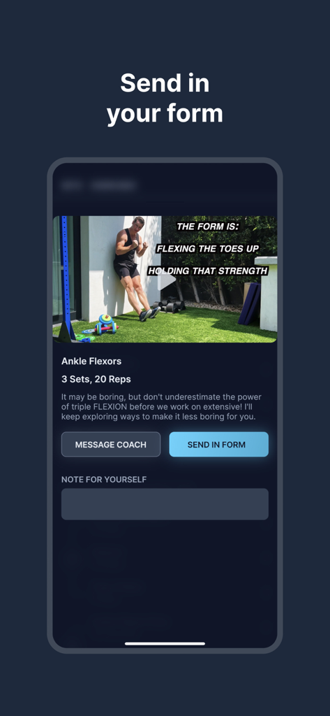 ATG Online Coaching - ATG Online Coaching app interface showing ankle flexor exercise and form submission feature