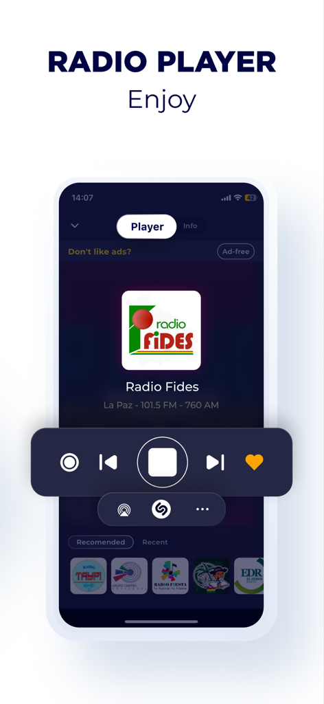 Radio Bolivia - Online Radio - Écran du lecteur de l'application Radio Bolivia présentant Radio Fides avec des contrôles de lecture et des fonctionnalités d'identification de chanson
