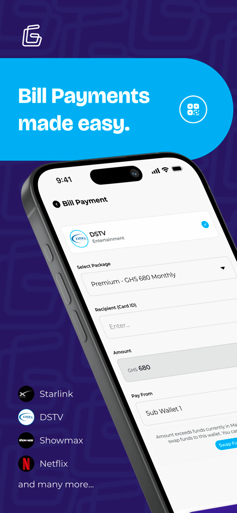 G-Money App - G-Money app interface showing bill payment options for DSTV Starlink and Netflix