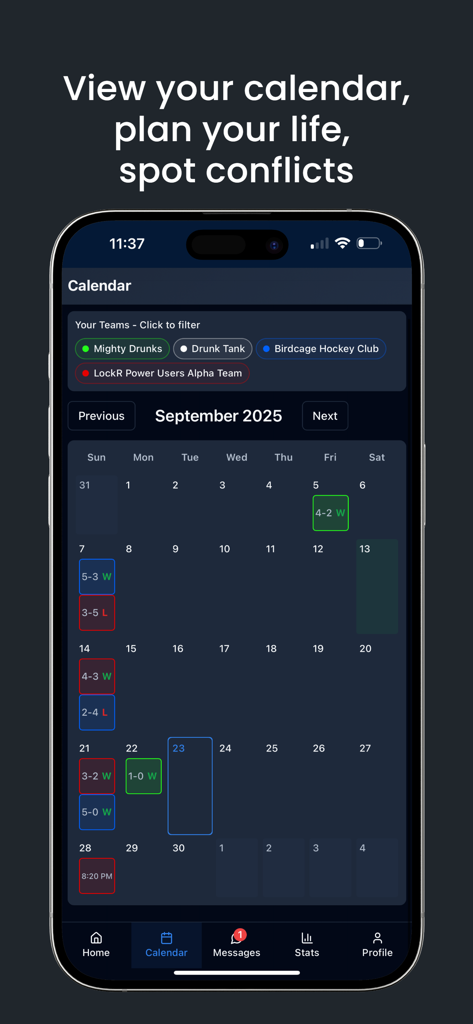 LockR App - Team Manager - LockR App calendar view showing sports team schedules and game results