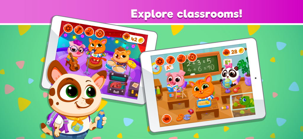 Educational animal characters in music and math classrooms on tablet screens.