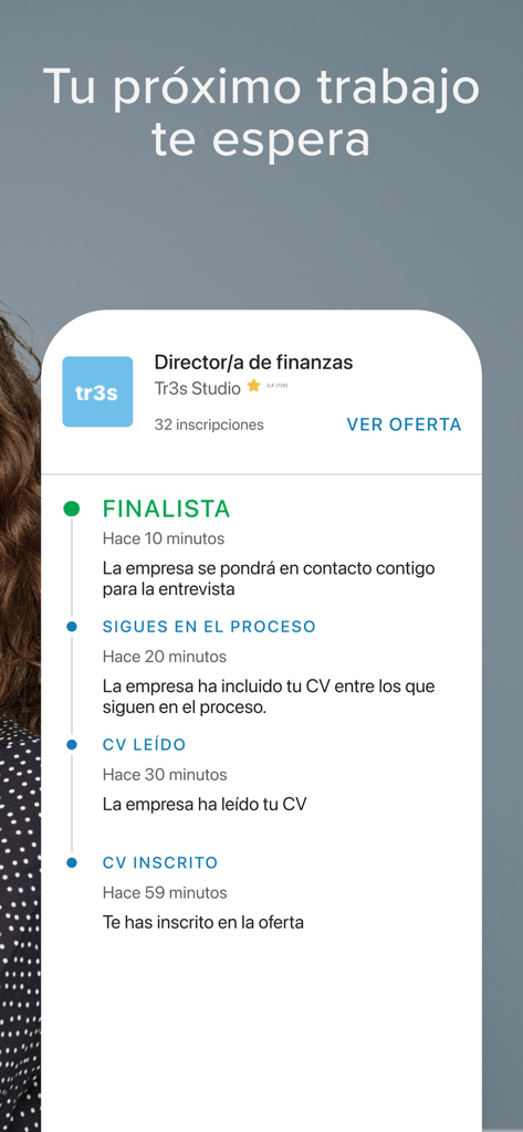 InfoJobs - Trabajo y Empleo - Ecrã da aplicação móvel InfoJobs mostrando uma linha do tempo detalhada da candidatura a emprego com atualizações de estado, desde a candidatura inicial até ao finalista.