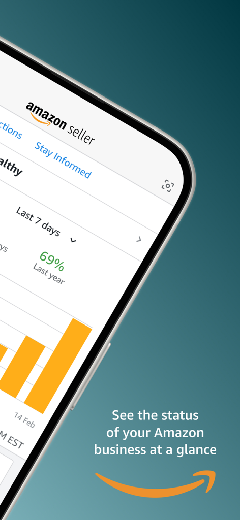Amazon Seller app dashboard showing sales performance charts and business status overview