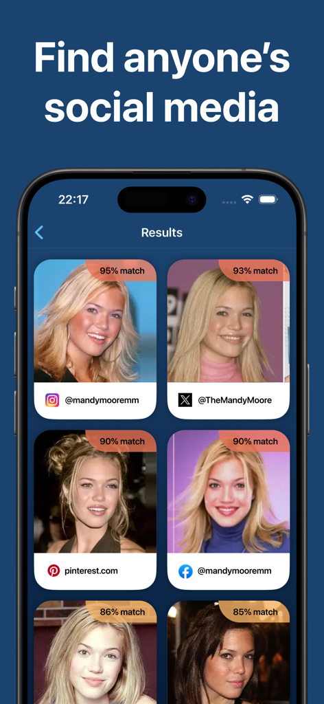 Facial Recognition - 顔認識検索結果とソーシャルメディアリンク、一致率を示すスマートフォンの画面