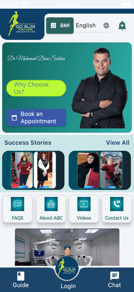 Sarhan Obesity Clinic - Pantalla de inicio de la app Sarhan Obesity Clinic con historias de éxito de pacientes y opciones de reserva de citas