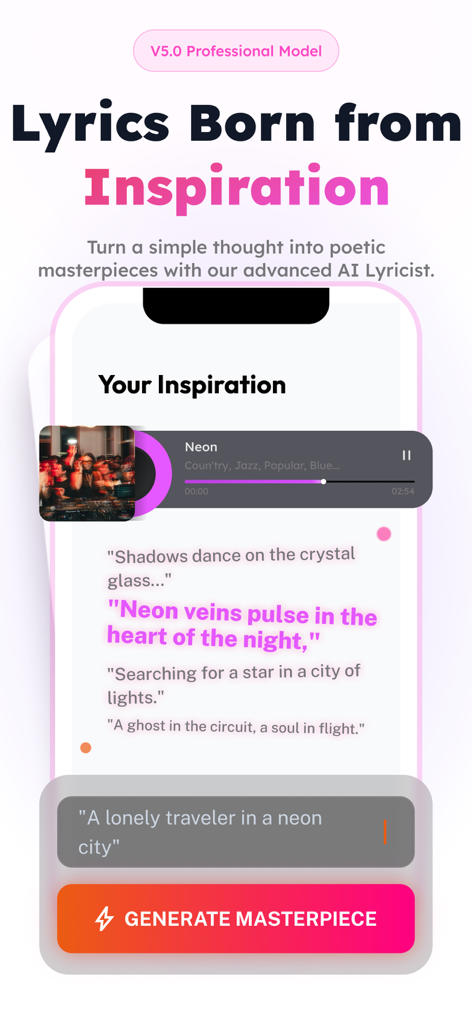 Music Maker AI Songs: InsMelo - Interfaz de la aplicación móvil InsMelo mostrando la función de letrista IA generando letras de canciones a partir de una indicación del usuario.