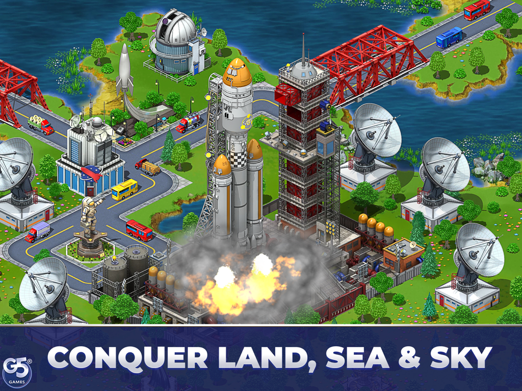 Virtual City Playground HD - A space shuttle launching from a pad surrounded by satellite dishes and city infrastructure in Virtual City Playground HD.