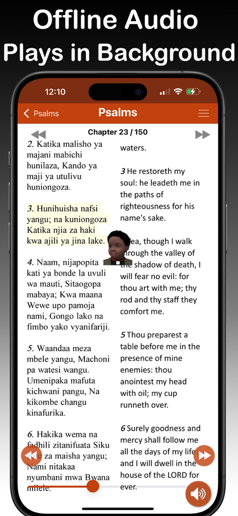 Swahili Bible: Biblia Takatifu - Swahili and English parallel Bible text with offline audio background play