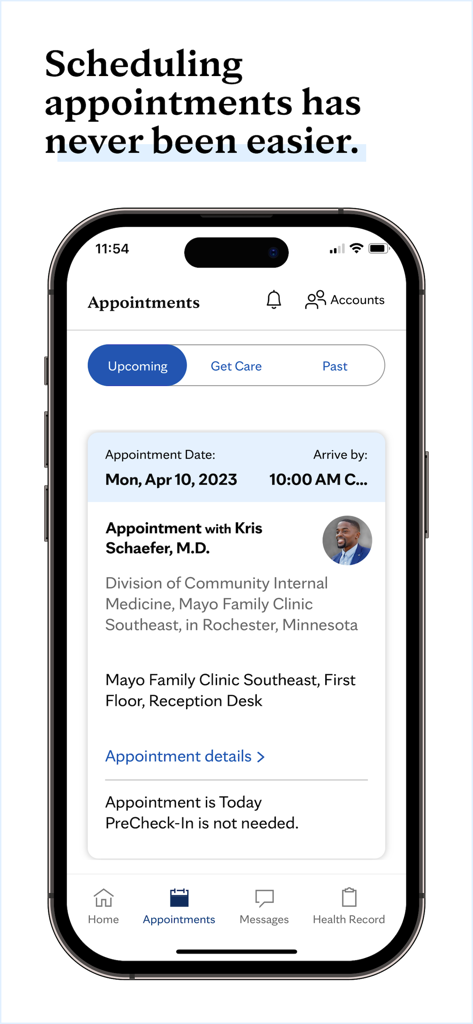 Mayo Clinic - Mayo Clinic mobile app interface showing upcoming appointment details with a physician.