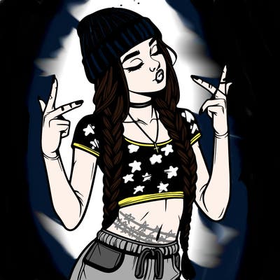 realistic teenage girl with braids and a beanie and crop top doing 🫶🏼