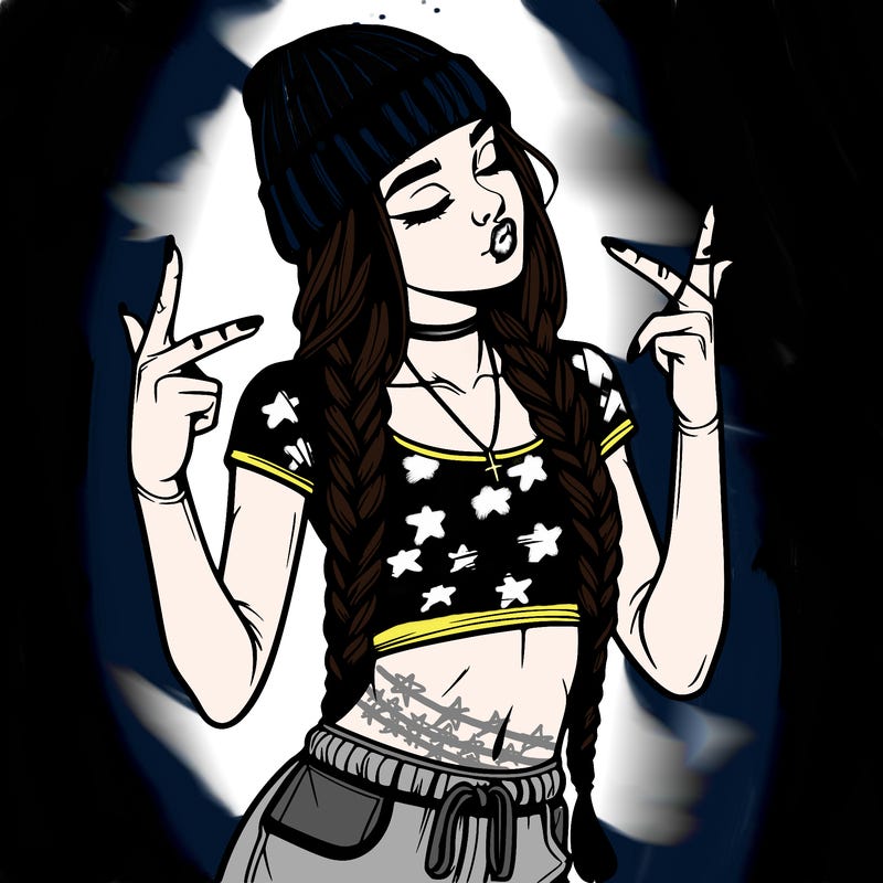 realistic teenage girl with braids and a beanie and crop top doing 🫶🏼