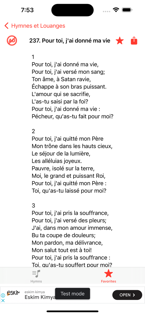 SDA Hymnal - Complete - Schermata mobile dell'app SDA Inno che visualizza i testi degli inni con opzioni di preferiti e condivisione