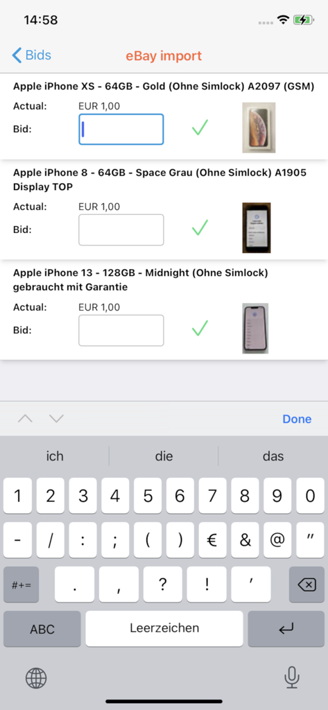 Interface for importing eBay watchlist items and entering sniper bid amounts for various iPhone models.