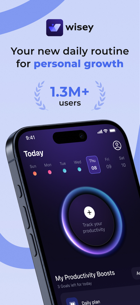 Wisey app interface on a smartphone displaying a daily productivity tracker and personal growth routine.