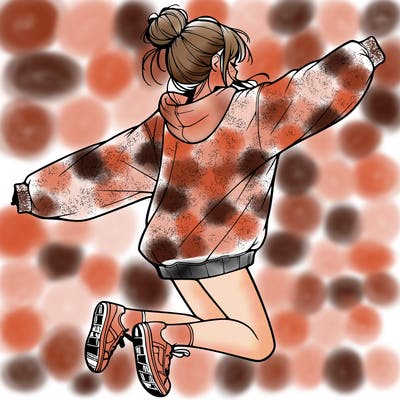 realistic girl jumping with a bun and oversized sweatshirt