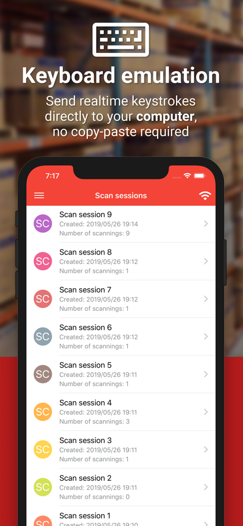 Barcode to PC: Wi-Fi scanner - Barcode to PC app interface displaying scan sessions and keyboard emulation feature.