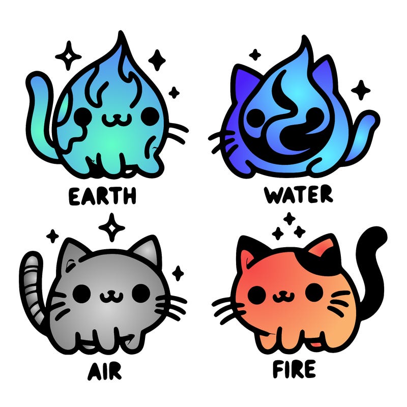 4 cats that represent the different elements, earth, water, air, and fire