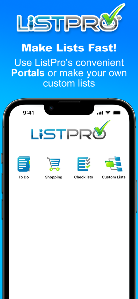 ListPro - ListPro app home screen showing portals for To Do Shopping Checklists and Custom Lists