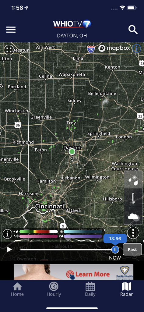 Hyper-local weather radar map of Dayton Ohio and surrounding areas on the WHIO Weather app.