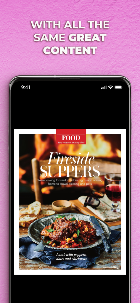 Woman & Home Magazine NA - A screenshot of the Woman and Home Magazine app featuring a fireside supper recipe page with a lamb dish