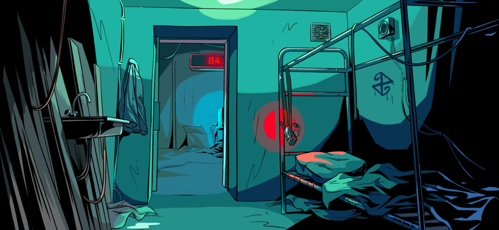 Parallel Experiment - Salle d'énigmes style bande dessinée noir avec un lit superposé et un minuteur numérique.