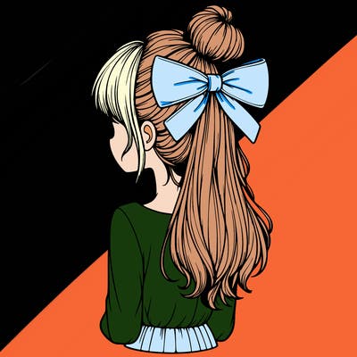realistic girl  with hip length hair a bun and a big bow on the back of head