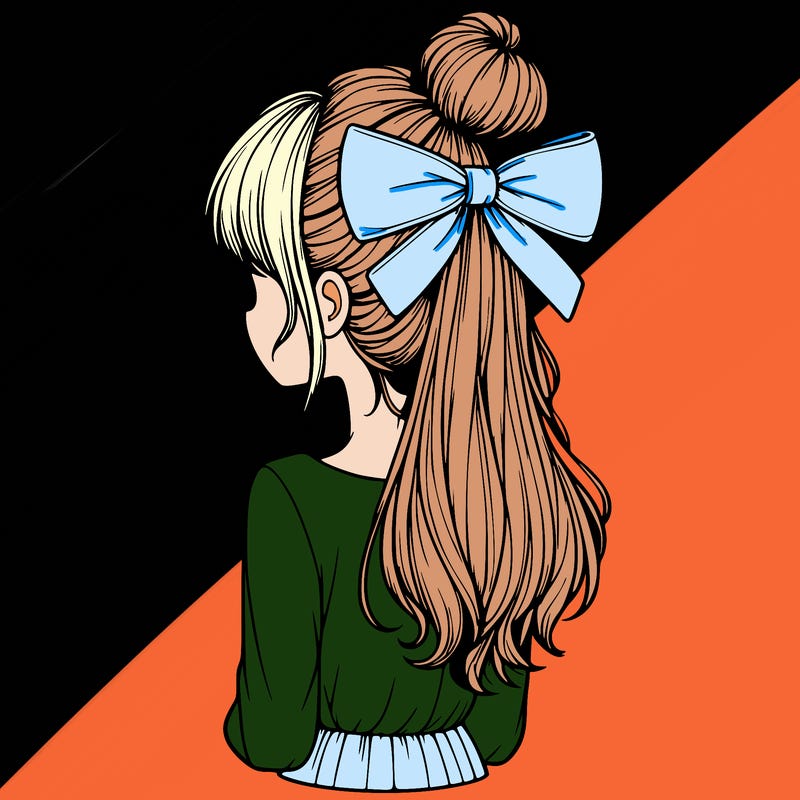 realistic girl  with hip length hair a bun and a big bow on the back of head