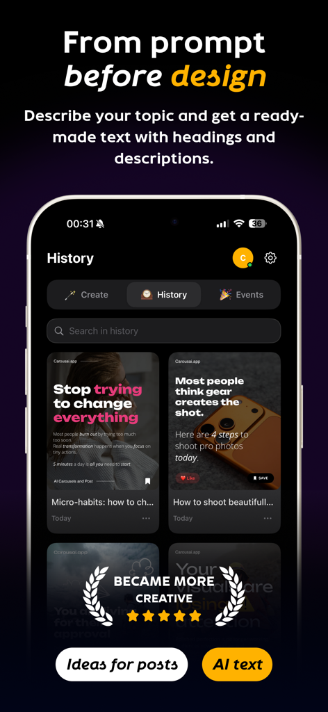 Carousel Collage AI: Carousai° - Interfaccia dell'app Carousai che mostra una cronologia di caroselli generati dall'AI e idee per post sui social media