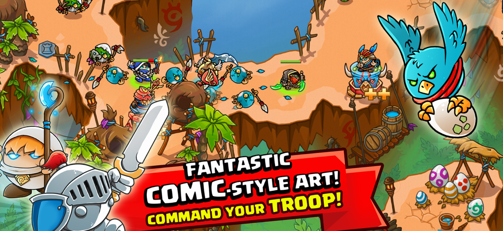 Crazy Kings Tower Defense Game - Crazy Kings Tower Defense gameplay featuring comic-style artwork with heroes and enemy troops on a battlefield