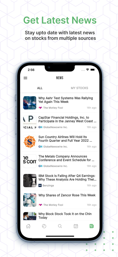 DividendNow app news screen showing stock market updates from multiple sources