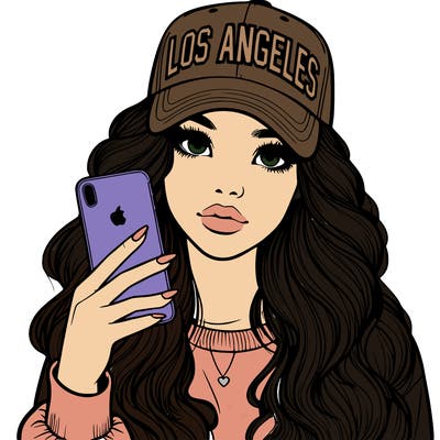 realistic beautiful girl wearing los ángeles cap holding an iphone