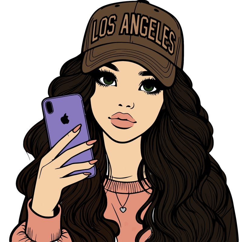 realistic beautiful girl wearing los ángeles cap holding an iphone