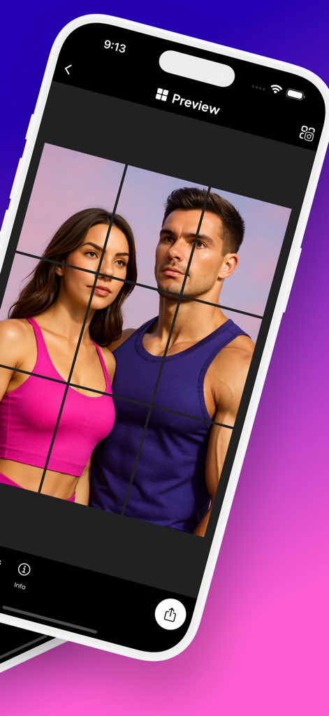Pixislice - Image Splitter - App interface showing a photo divided into nine squares for an Instagram grid layout