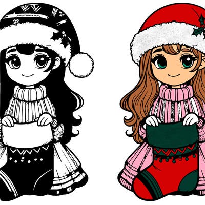 realistic girl with a santa hat on and is holding a socking