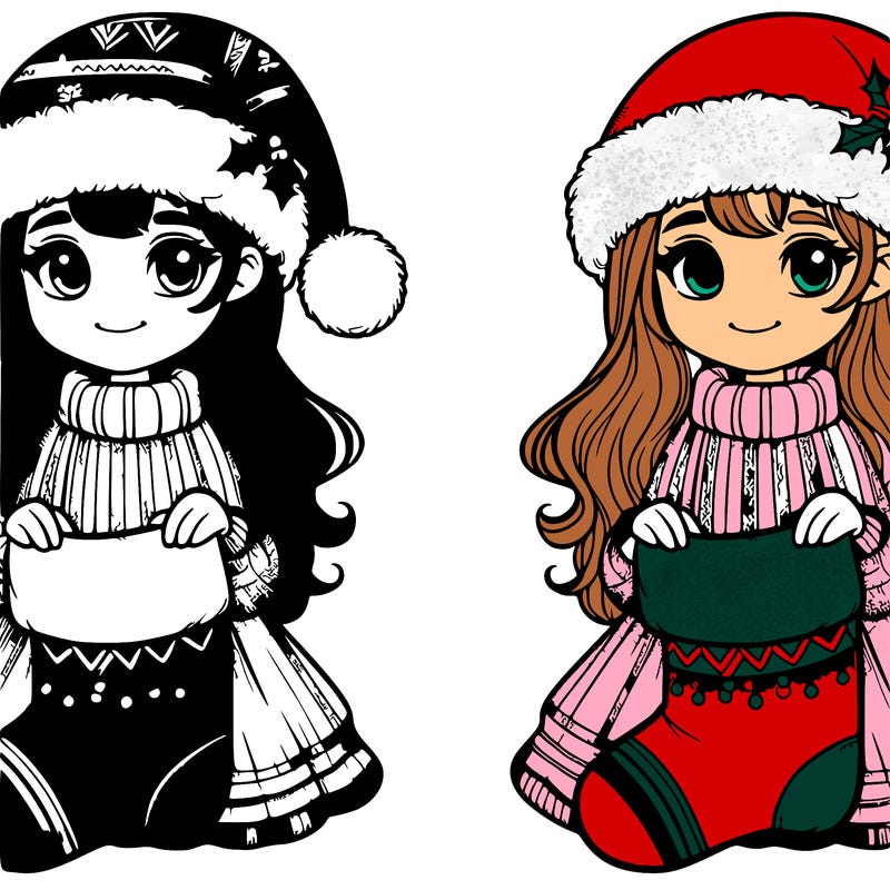 realistic girl with a santa hat on and is holding a socking