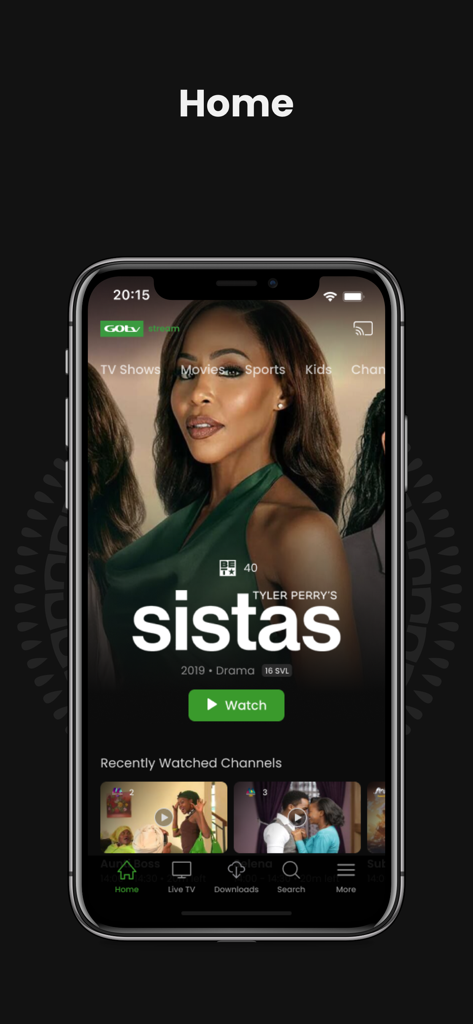 GOtv Stream - Interface de l'application mobile GOtv Stream affichant une émission de télévision en vedette et les chaînes récemment visionnées.