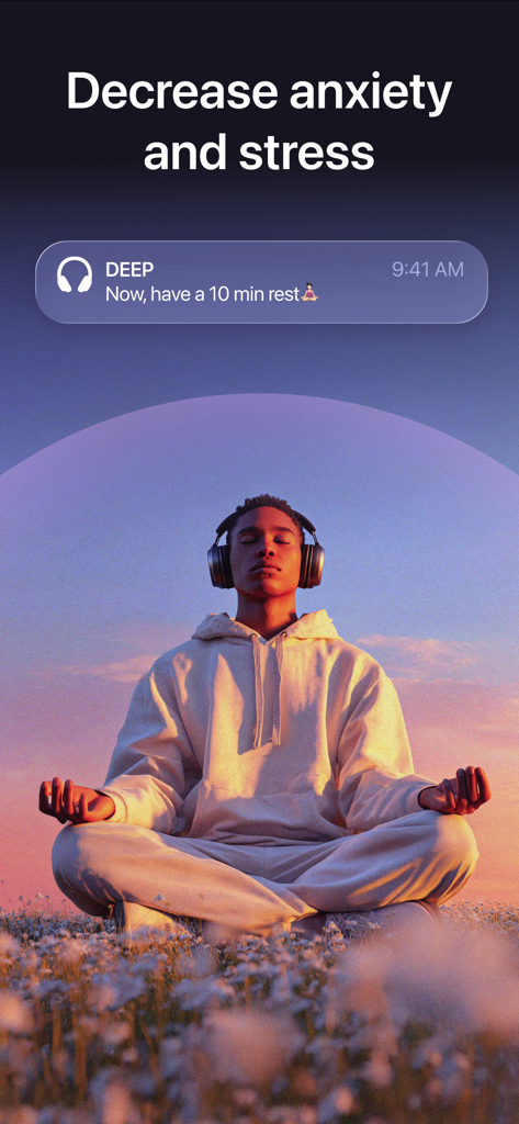 A man meditating in a flower field wearing headphones for stress and anxiety relief