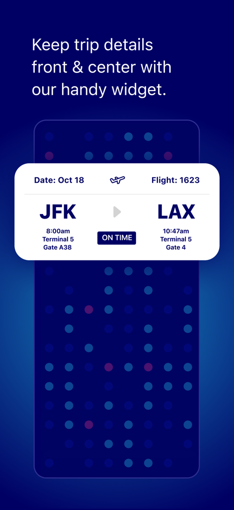 JetBlueモバイルアプリのウィジェットに、JFKからLAXへのフライトのリアルタイムフライト情報が表示されています。