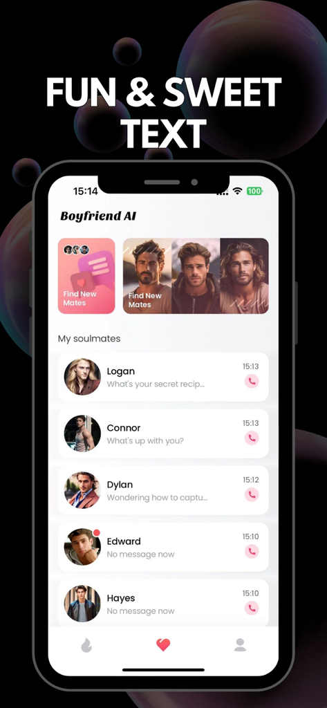 AI Boyfriend: Companion & Love - Uma interface de aplicativo móvel mostrando uma lista de namorados de IA sob o título Meus almas gêmeas