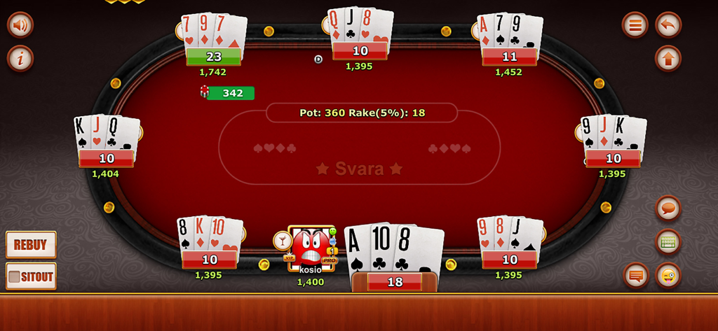 Multiplayer-Gameplay des Svara-Kartenspiels mit acht Spielern an einem digitalen Tisch