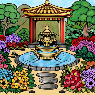 a most beautiful looking zen garden with a fountain and beautiful flowers