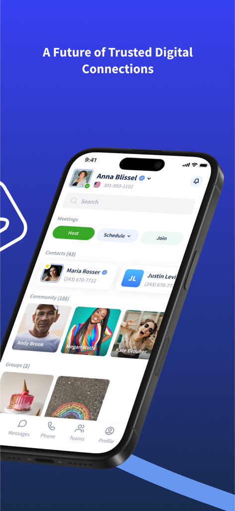 인증된 연락처 및 회의 관리 기능이 있는 Phound Phone 앱 인터페이스를 표시하는 스마트폰 화면