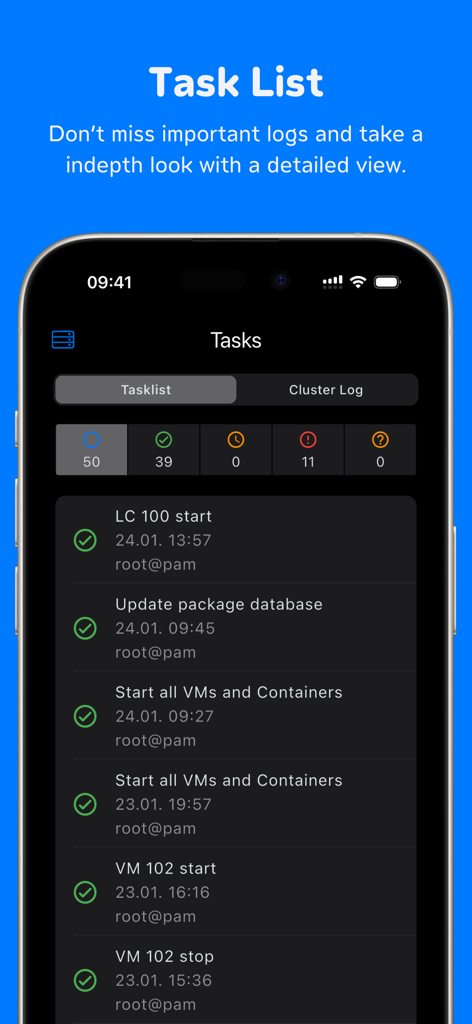 Schermata dell'elenco attività dell'app ProxMate che visualizza i log del server Proxmox e lo stato delle operazioni