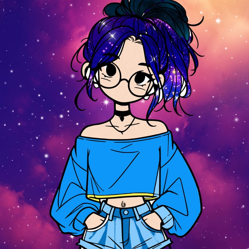 girl with a messy ponytail glasses a baggy crop top and jean shorts