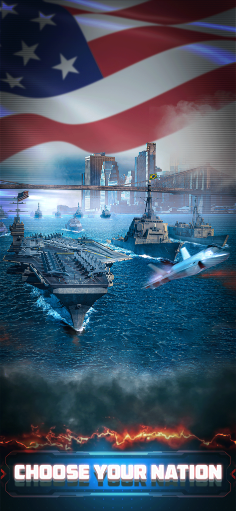 Una flota naval con un portaaviones y un caza bajo la bandera estadounidense con el texto Elige tu Nación