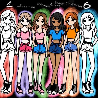 a group of girls wearing crop tops and shorts