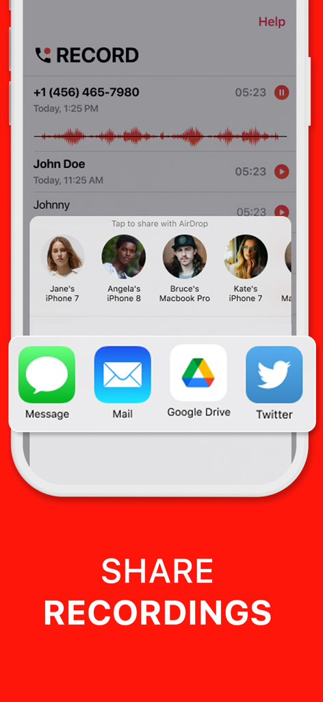 Phone Call Recorder Record ACR - Interfaz de la aplicación Record ACR que muestra opciones para compartir grabaciones de llamadas, incluyendo AirDrop, Mensaje, Correo y Google Drive