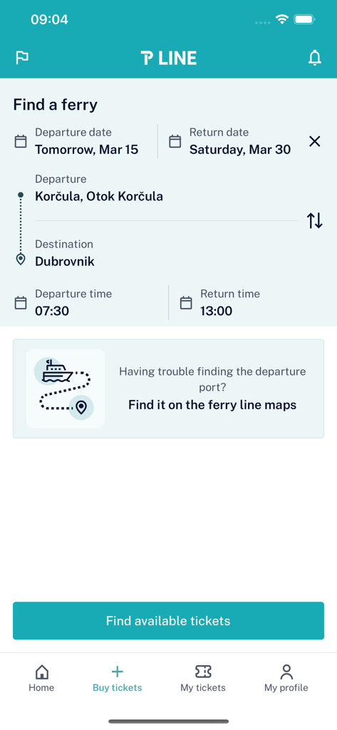 Interface de l'application TP Line pour rechercher et réserver des billets de ferry entre les îles croates.