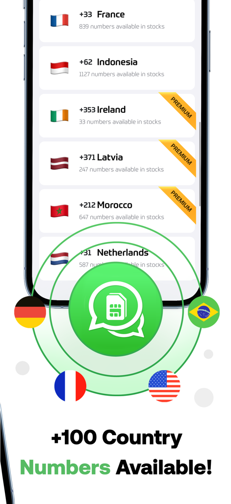 wNum | Number for WA Business - Un elenco di numeri di telefono virtuali da vari paesi disponibili nell'app wNum per WhatsApp Business.
